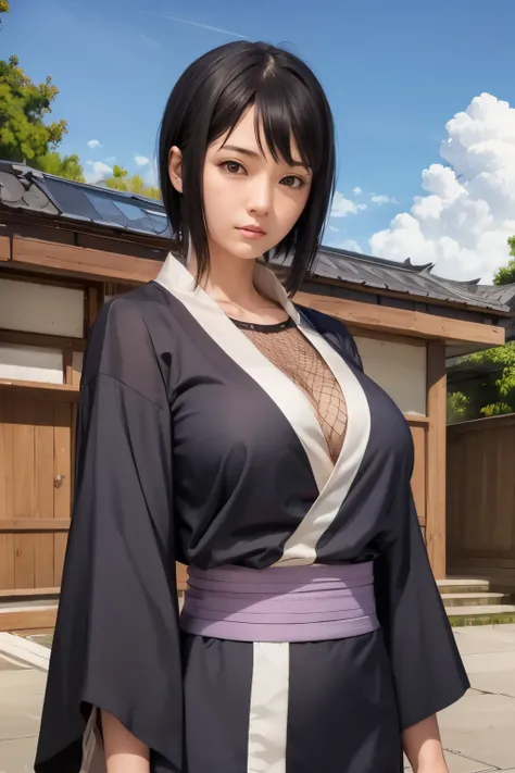 1girl, shizune,black kimono, without vest, cleavage, black hair, short hair, realistic, ultra detail, large breasts, The chest is slightly open.