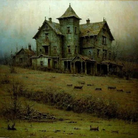 Cottage dark house made of corpses on the hill in style Beksinski