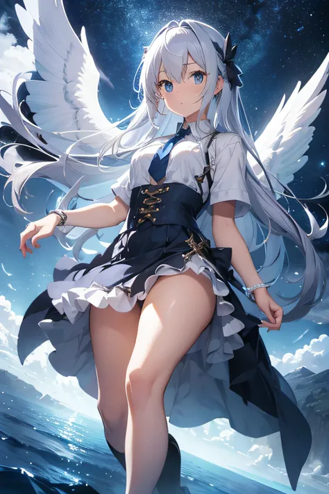 the angels wings、Silvery hair、Longhaire、In the blue light、fantastic landscape、Serious face、Wizards Clothing、Full-body figure、skirt by the、are flying