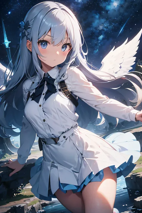 the angels wings、Silvery hair、Longhaire、In the blue light、fantastic landscape、Serious face、Wizards Clothing、Full-body figure、skirt by the、are flying、Sword in right hand、Katyusha