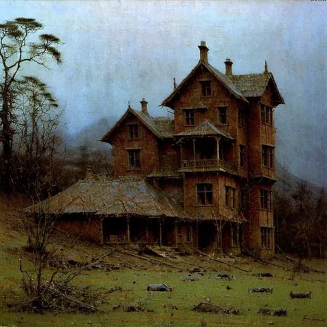 Cottage dark house, elevation house made of corpses human on the hill in style Zdzislaw Beksinski