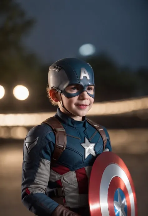 Realism, best realism, portrait, portraiture, portrait photography, baby boy captain america, marvel movies, marvel comics, marvel universe, smile, happy, stadium  at night, future, bustling city, sharp focus, light from the side, gradation, focus the ligh...