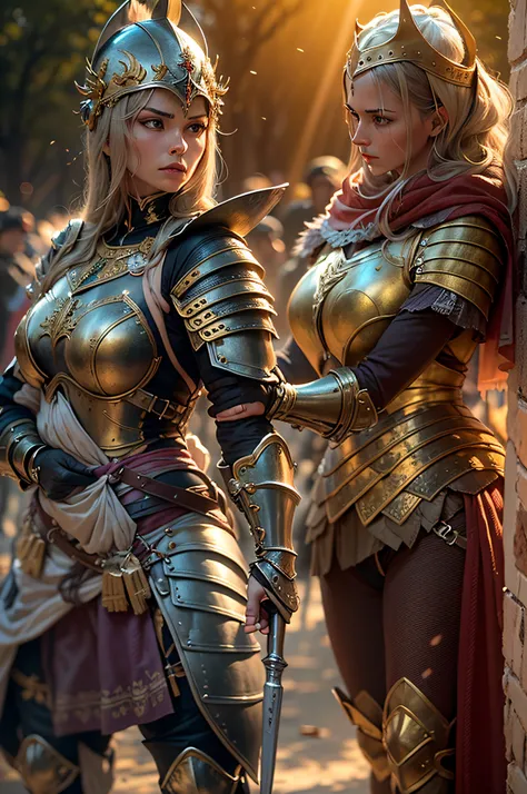 (best quality,4k,8k,highres,masterpiece:1.2),ultra-detailed,realistic:1.37,women knights in armor,sunlight,glare,dispersion,portraits,illustration,decorative armor,long spears,medieval warriors,strong female characters,battlefield,shadows of the armor,vibr...