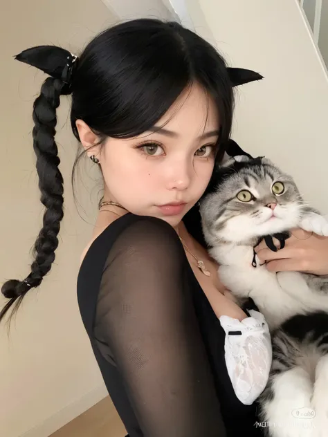 There is a woman holding a cat in her arms, muito bonita gatinha fofa, menina gato atraente, com rabo-de-porco preto, menina com orelhas de gato, Ulzzang, gatinha jovem bonita, cruel korean goth girl, menina coreana, mulher com orelhas de gato, orelhas e c...