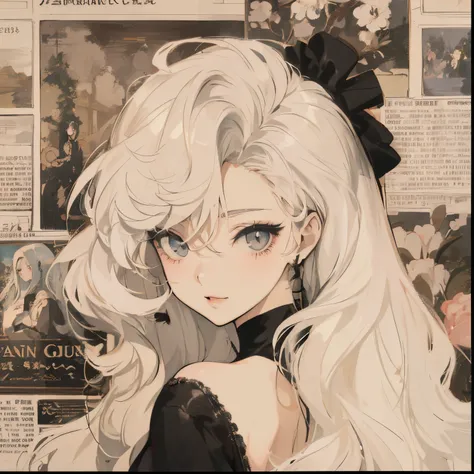 anime girl with long white hair and black dress in front of a newspaper, retro anime girl, beautiful anime style, detailed portrait of anime girl, beautiful anime portrait, beautiful anime art style, anime aesthetic, artwork in the style of guweiz, anime s...