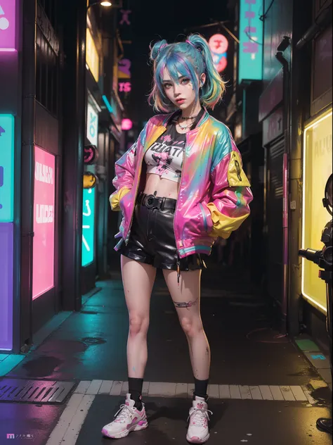 1 cyberpunk girl, solo, waist up, from above, (((colorful dyed hairstyle, cyberpunk clothing, standing in front of motorcycle, neon cyberpunk city street, (colorful Harajuku tech jacket m:1.2)))), official art, unity 8k wallpaper, ultra detailed, aesthetic...