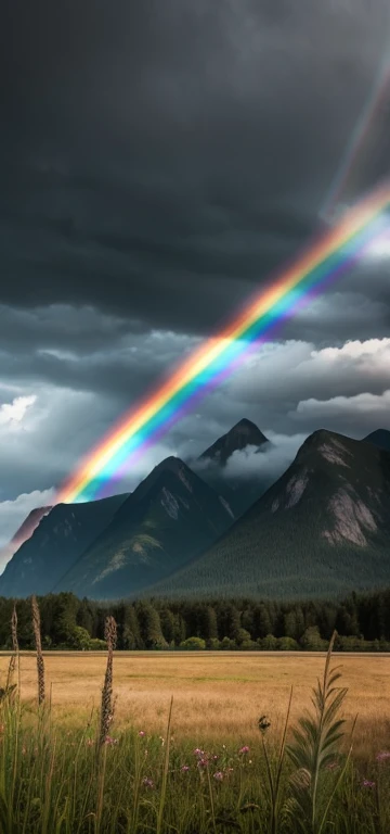 Bats close-up, picture summer, the sky is black with clouds,  Wide angle, (grass), mountains, rainbow,  letho, Cloud, Calm , fresh air, Depth of field