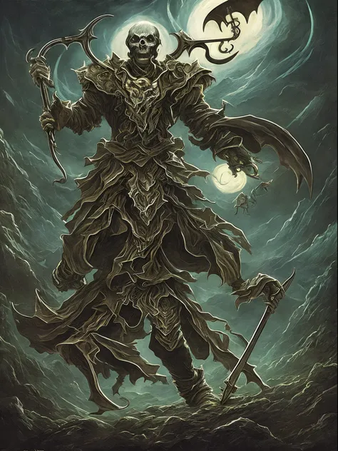 demonic ghost specter with a gigantic scythe in his right hand in a position of power, in a terrifying landscape