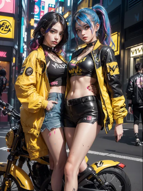 (2 cyberpunk girls posing for photo), solo, waist up, from above, (((colorful dyed hairstyle, cyberpunk clothing, standing in front of motorcycle, neon cyberpunk city street, (yellow and black Harajuku tech jacket with logos m:1.2)))), official art, unity ...