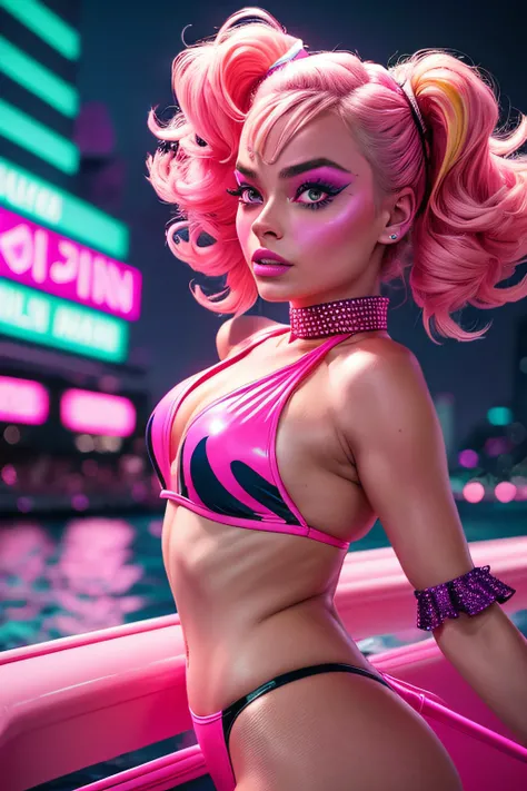 araffe in a pink suit and neon makeup on a boat, wearing pearl neon bikini, neon operator margot robbie, doja cat, with neon lights, electronic bikini, 8 0 s asian neon movie still, bold rave outfit, 8 0 s neon movie still, fluorescent pink face paint, neo...