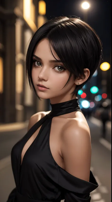 uma jovem de cabelo preto, olhos verdes, short hair up to the shoulders, she is in the square, it is night time, ela esta de roupa simples e elegante, roupas detalhadas, is discouraged,  melhor fotografia, obra prima, luz cinematografica, Shes serious