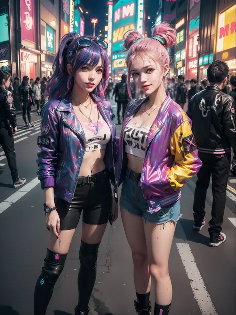 (2 smiling cyberpunk girls posing for photo), solo, waist up, from above, (((colorful dyed hairstyle, cyberpunk clothing, standing in front of motorcycle, neon cyberpunk city street, (Harajuku tech jacket with logos m:1.2)))), official art, unity 8k wallpa...