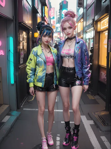 (2 smiling cyberpunk girls posing for photo), solo, waist up, from above, (((colorful dyed hairstyle, cyberpunk clothing, standing in front of motorcycle, neon cyberpunk city street, (Harajuku tech jacket with logos m:1.2)))), official art, unity 8k wallpa...