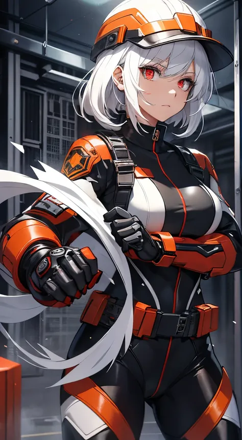 A teenage woman, white hair, intense red eyes, wearing a hero uniform with black and silver tones, with metallic details. His arms have a mechanical appearance when transformed. Her costume includes protective and resistance elements, half mixed with const...