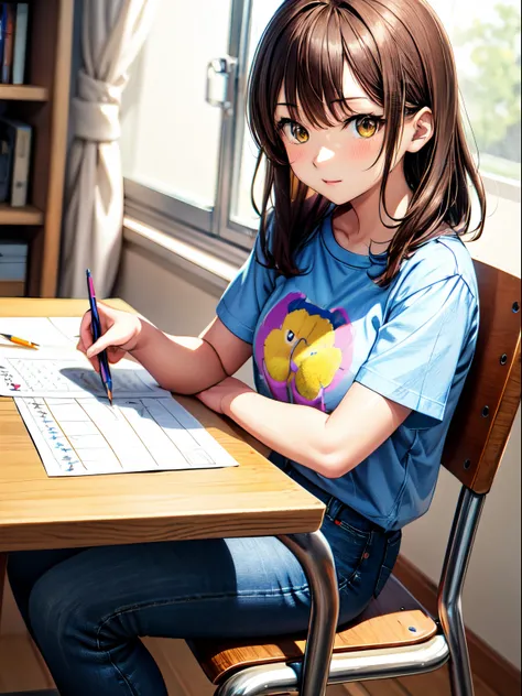 Anime girl, drawing, shirt, jeans, brown hair, yellow eyes, sitting in chair, grab the paper and draw with pencil