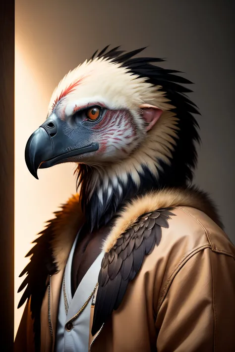 RAW photo, animal, a portrait photo of [man:vulture:2] humanoid in clothes, face, 8k uhd, dslr, soft lighting, high quality, film grain, Fujifilm XT3