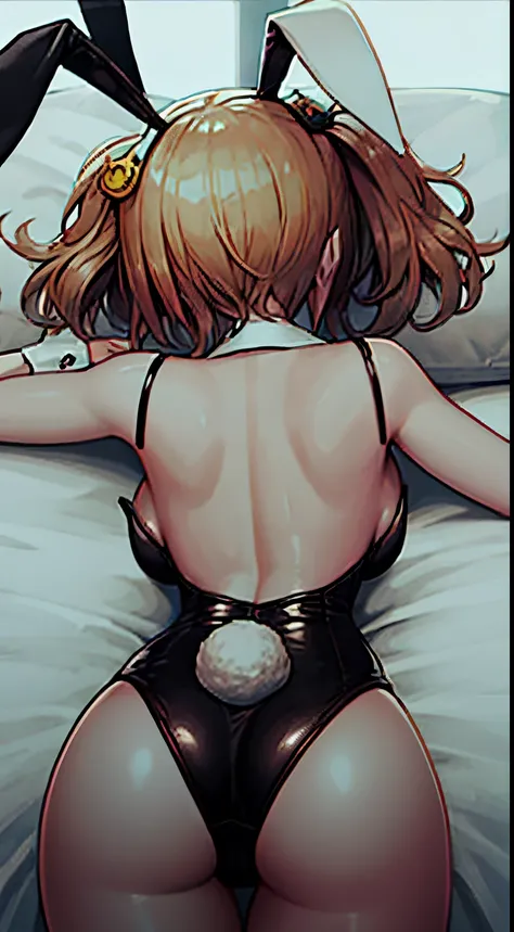 laying on stomach, bent down, spread legs, beyond cancer, turned around,, lying on the bed, lies on back, ass up,, back view, best quality, ultra detailed,,1girl, solo, nikkeani, cross-eyed, short_hair, open_mouth, big_breasts, brown_hair, hair ornament, ,...