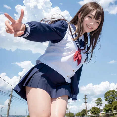 (8k, best quality, masterpiece:1.2), (realistic, photo-realistic:1.37), ultra-detailed, 1girl, solo, cute, beautiful detailed sky, (smile:1.2), (grin), beautiful detailed eyes, floating hair,(seifuku:1), stockings, full body,street,thin