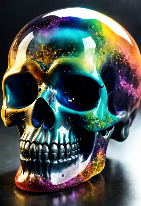 A realistic colored glass skull, beautiful and detailed. Which explodes when falling to the ground, the projections are textured like colorful dust