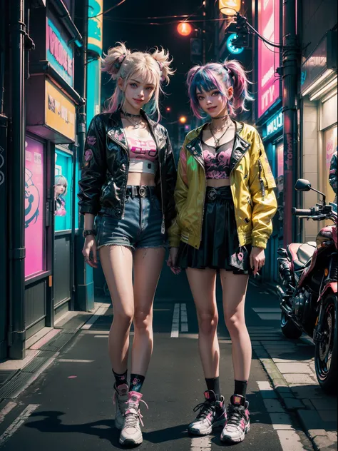 (2 smiling cyberpunk girls posing for photo), solo, waist up, (from above), (((colorful dyed hairstyle, cyberpunk clothing, standing in front of motorcycle, neon cyberpunk city street, (Harajuku tech jacket with logos m:1.2)))), official art, unity 8k wall...