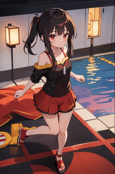 1 girl (Megumin), sozinho, master part, piscina,夏天,Dark red swimsuit, red eyes, cabelos curtos, cabelos castanhos