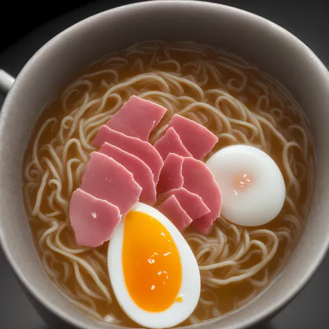 one big cup Ramen whit half boiled egg, slice of boiled ham, close up,
Food sticks
(still life)
fog, haze, high detail, ultradetailed, intricately detailed, fine details, hyperdetailed, cinematic, hyperrealistic, 
hyper realism soft light, studio lighting,...