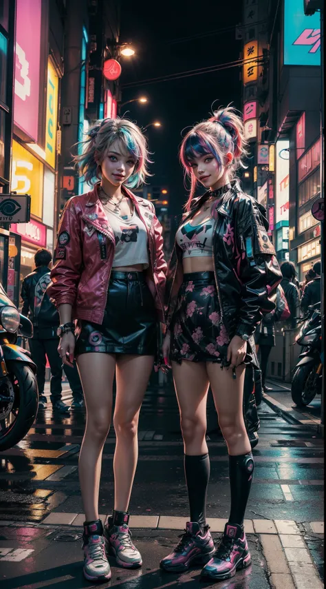 (2 smiling cyberpunk girls posing for photo), (extremely detailed face), (((colorful dyed hairstyle, cyberpunk clothing, standing in front of motorcycle, neon cyberpunk city street, (Harajuku tech jacket with logos m:1.2)))), official art, unity 8k wallpap...