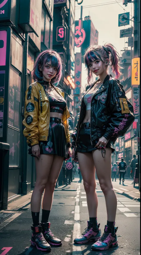 (2 smiling cyberpunk girls posing for photo), (extremely detailed face), (((colorful dyed hairstyle, cyberpunk clothing, standing in front of motorcycle, neon cyberpunk city street, (Harajuku tech jacket with logos m:1.2)))), official art, unity 8k wallpap...