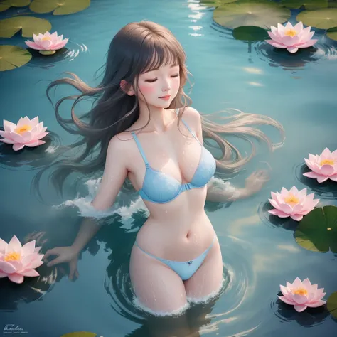 A stunningly ethereal scene of a girl with long flowing hair, resembling a divine beauty, gracefully floating on the deep blue surface of the lake. She is adorned in a shiny light blue bra and underwear, accentuating her delicate figure as she gently sways...