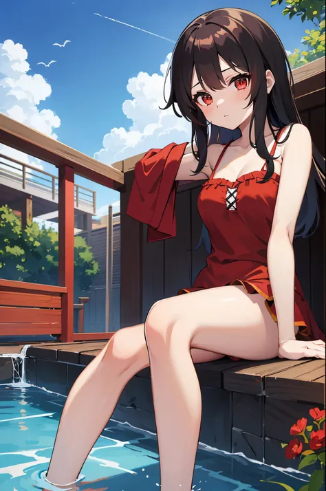 1 girl (Megumin), sozinho, master part, piscina,夏天,Dark red swimsuit, red eyes, cabelos curtos, cabelos castanhos