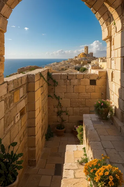 Mediterranean, Malta, distant view of a Middle Eastern plain, in the plain a very tall cone-shaped hill with a huge grecian palace on top, on the sides of the hill a city full of many stone buildings and houses, architecture Maltese, orange flowers, strang...