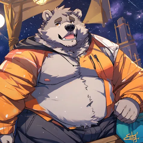 male bear, grey fur, fatrolls,fattening, soft