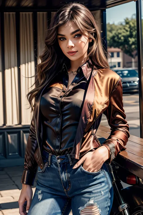 pretty lady with brown eyes, (satin blouse:1.3), ripped denim jeans, leather biker jacket, sunny background, seductive look, cin...