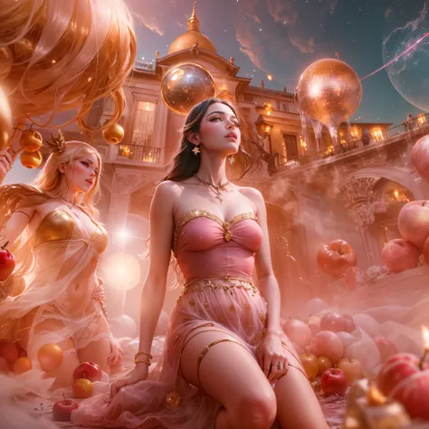 Admire esta impressionante obra-prima digital: a translucent red crystal apple housing a 20 year old adorned in gold jewelry, cabelos loiros em cascata, and shiny gold sandals with size 15 heels, adornado com diamantes. This enchanting scene unfolds under ...