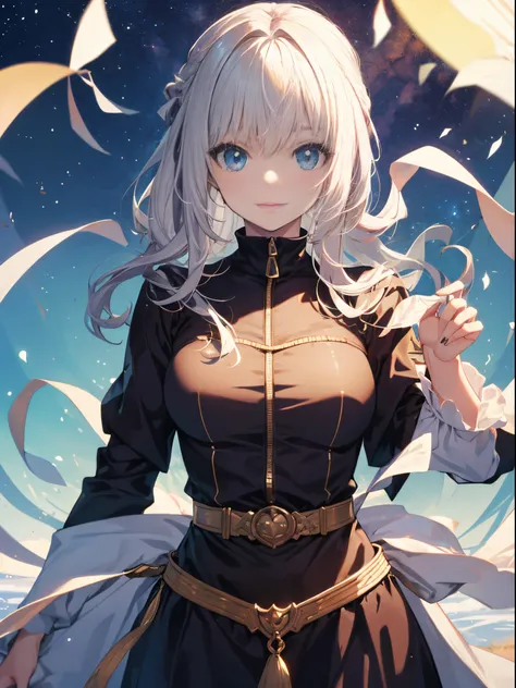 menina anime, cabelos brancos, olhos azuis, alta qualidade, 4k, sem imagem ruim, roupas de gato neko, Beautiful, Grande Ordem do Destino Cinzento, Dia de neve