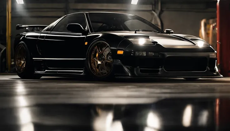 Visualize an exceptional scene featuring a highly modified 1995 Acura NSX parked in a low-light garage, with the perfect amount of light highlighting its features. Dive into extreme micro-details to showcase the intricacies of the modifications, sleek line...