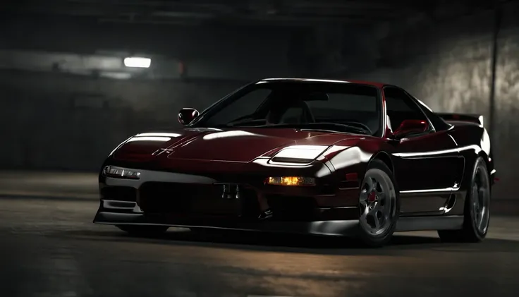 Visualize an exceptional scene featuring a highly modified 1995 Acura NSX parked in a low-light garage, with the perfect amount of light highlighting its features. Dive into extreme micro-details to showcase the intricacies of the modifications, sleek line...