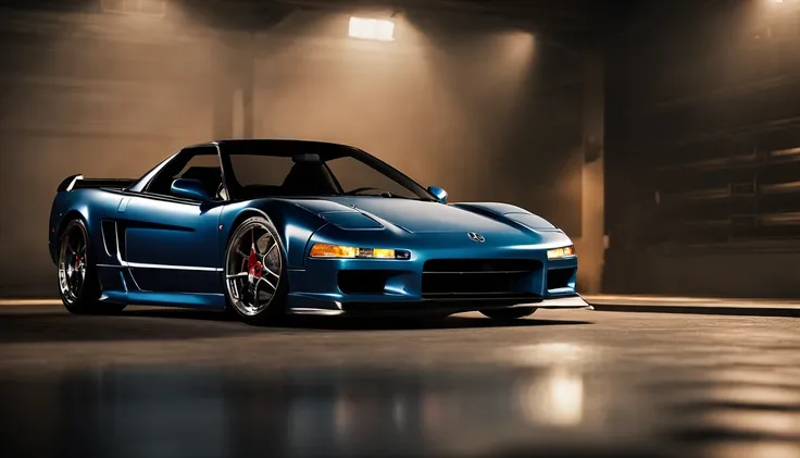 Visualize an exceptional scene featuring a highly modified 1995 Acura NSX parked in a low-light garage, with the perfect amount of light highlighting its features. Dive into extreme micro-details to showcase the intricacies of the modifications, sleek line...