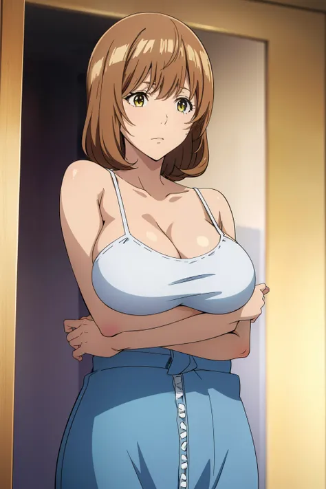 Best Quality, masutepiece, high resolution, animescreencap,, anime colored), Brown hair, Yellow eyes, Yuriko Aoki, Stand in the changing room, Embarrassed look, (oversize breast:1.5), cleavage of the breast,  (White camisole:1.5, no-bra, Thin fabric), The ...