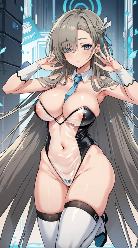 (A high resolution), (Ridiculous resources), (Best quality), (high high quality), (tmasterpiece), 1 plump girl, Asuna, eBlue eyes, Long gray hair, The halo, hair covering one eye, Very long hair, Light brown hair, (Large breasts, The cracks are relatively ...