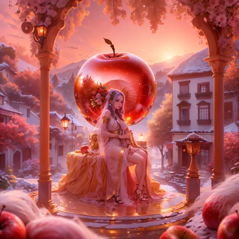 Admire esta impressionante obra-prima digital: a translucent red crystal apple housing a 20 year old adorned in gold jewelry, cabelos loiros em cascata, and shiny gold sandals with size 15 heels, adornado com diamantes. This enchanting scene unfolds under ...