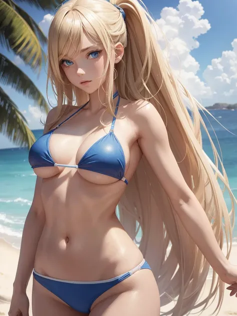 1girl, mid long blond hair, blue eyes, wearing a bikini top, hot pants, beach, high res, ultrasharp, masterpiece, loking at viewer