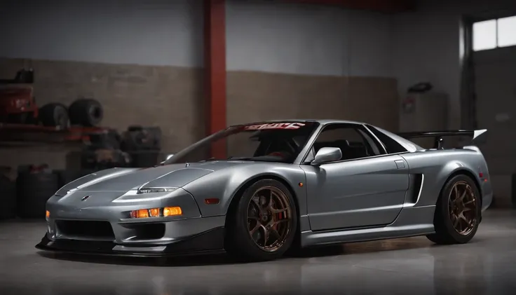 Visualize an exceptional scene featuring a highly modified 1995 Acura NSX parked in a low-light garage, with the perfect amount of light highlighting its features. Dive into extreme micro-details to showcase the intricacies of the modifications, sleek line...