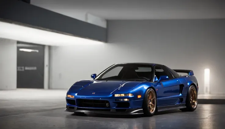 Visualize an exceptional scene featuring a highly modified 1995 Acura NSX parked in a low-light garage, with the perfect amount of light highlighting its features. Dive into extreme micro-details to showcase the intricacies of the modifications, sleek line...