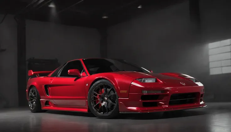 Visualize an exceptional scene featuring a highly modified 1995 Acura NSX parked in a low-light garage, with the perfect amount of light highlighting its features. Dive into extreme micro-details to showcase the intricacies of the modifications, sleek line...