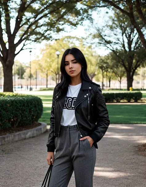 una joven con cabello largo negro con una chaqueta de color negra y pantalones anchos gris en un parque con colores calidoz