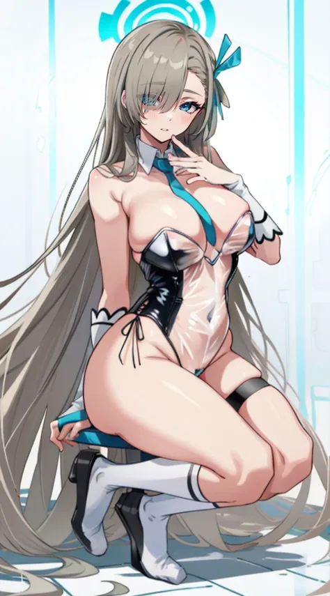 (A high resolution), (Ridiculous resources), (Best quality at best), (high high quality), (tmasterpiece), 1 plump girl, Asuna, eBlue eyes, Long gray hair, The halo, hair covering one eye, Very long hair, Light brown hair, (Large breasts, The cracks are rel...