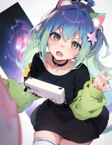 anime girl with green hair holding a video game controller, anime moe artstyle, portrait anime space cadet girl, anime girl with cosmic hair, anime artstyle, near a galaxy, anime style 4 k, high quality anime artstyle, cute anime catgirl, anime waifu, anim...