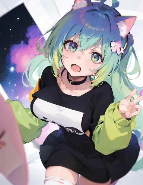 anime girl with green hair holding a video game controller, anime moe artstyle, portrait anime space cadet girl, anime girl with cosmic hair, anime artstyle, near a galaxy, anime style 4 k, high quality anime artstyle, cute anime catgirl, anime waifu, anim...