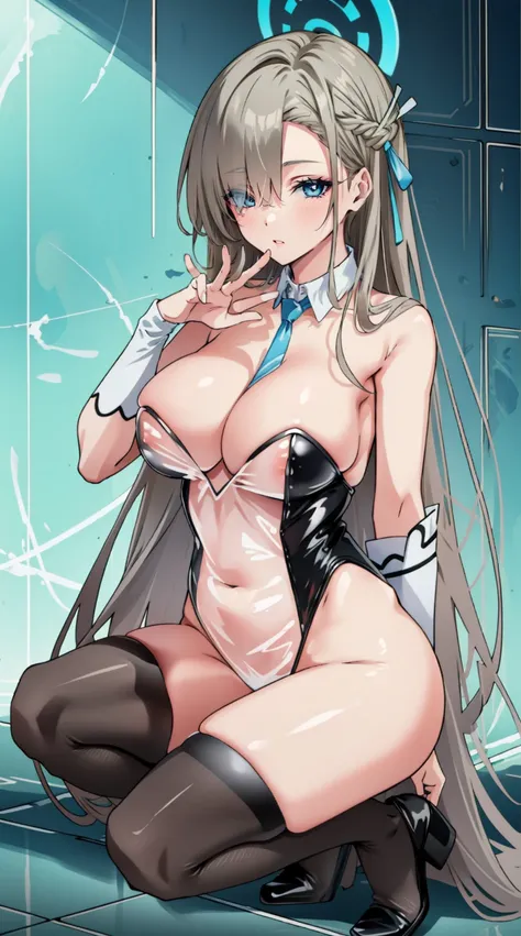 (A high resolution), (Ridiculous resources), (Best quality), (high high quality), (tmasterpiece), 1 plump girl, Asuna, eBlue eyes, Long gray hair, The halo, hair covering one eye, Very long hair, Light brown hair, (Large breasts, The cracks are relatively ...